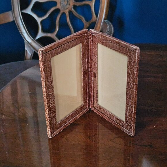 RARE MONICA RICH KOSANN DOUBLE BROWN ITALIAN LEATHER FOLDING FRAME IMAGE CASE - Picture 5 of 15
